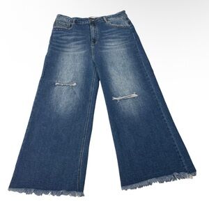 Risen Jeans Dark Blue Denim Flare Jeans with Distressed Details Sz2XL